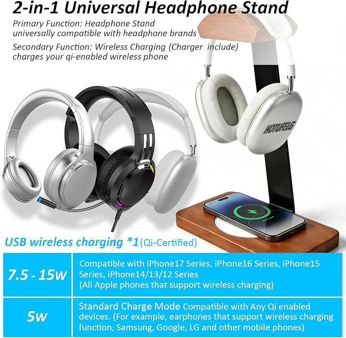 Solid Wooden Headphone Holder with Fast Wireless Charging Pad, Universal Headset Stand for Gaming Desk, Headphone Rack Compatible with Airpods Max,Bose,Razer,AKG Equipment Accessories for Walnut Desk