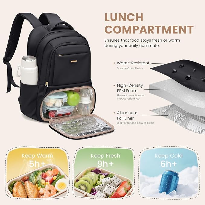 GOLF SUPAGS Lunch Backpack 16 Inch Laptop Backpack with Insulated Cooler Lunch Box Food Bag for College Work Camping Picnics (Black)