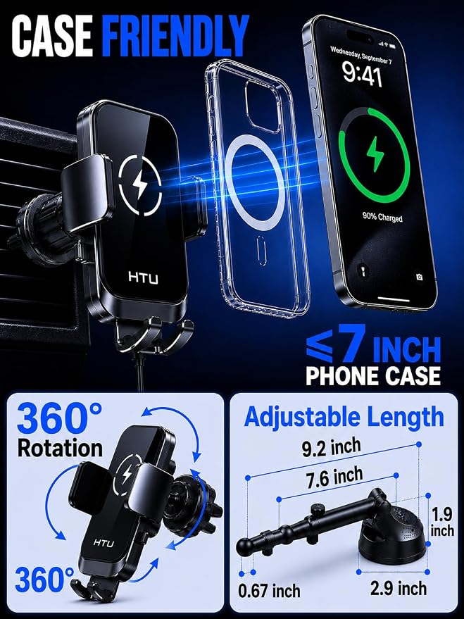 HTU 2026 Upgraded Wireless Car Charger Mount, 【Strongest Suction & Military-Grade Certs】 15W Fast Charging Auto-Clamping Phone Holder for Dash Windshield Air Vent, Fit for iPhone & Android, Jet Black