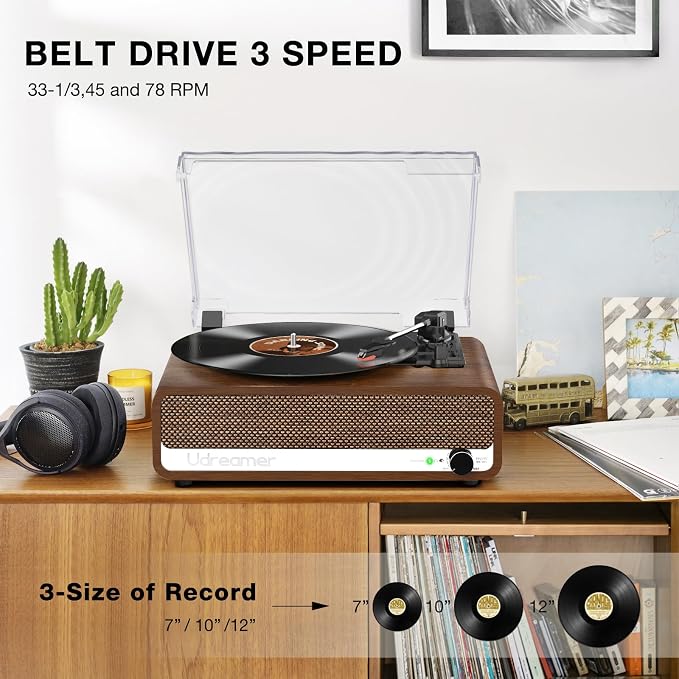 Vinyl Record Player with Speakers,3 Speed Turntable with Bluetooth, Aux, Headphone Jack, RCA Output and Auto Stop,Mirror Vintage Wooden Walnut