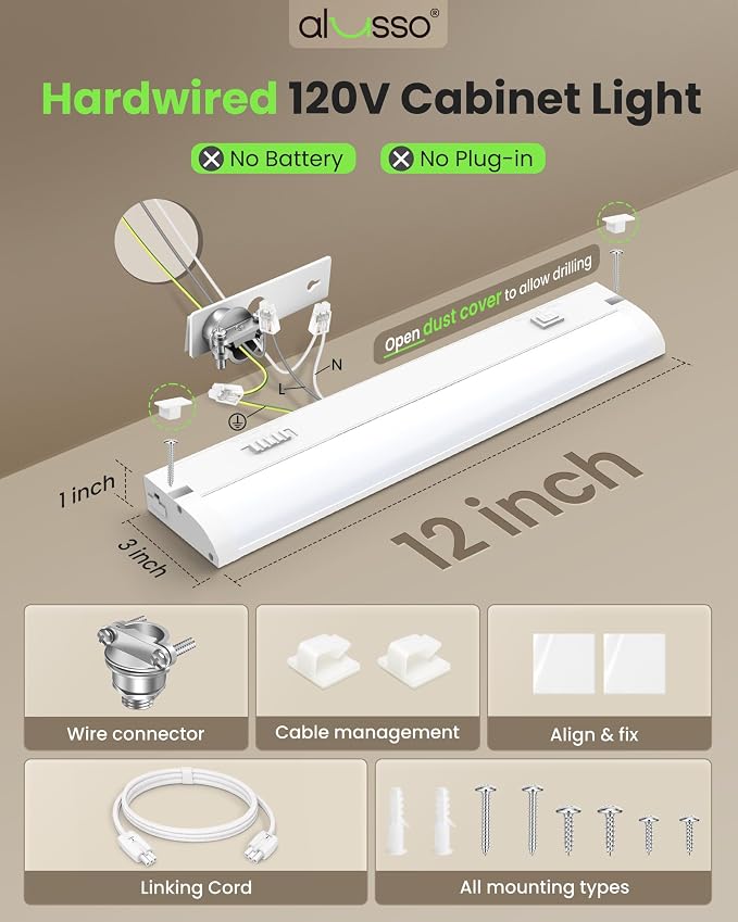 ALUSSO 12 Inch LED Under Cabinet Lighting Hardwired 120V, 5CCT Color Selectable 2700K-5000K Dimmable 6W 480LM High Brightness, CRI 90+ Strip Linkable Under Counter Lights for Kitchen Sink, 1 Pack