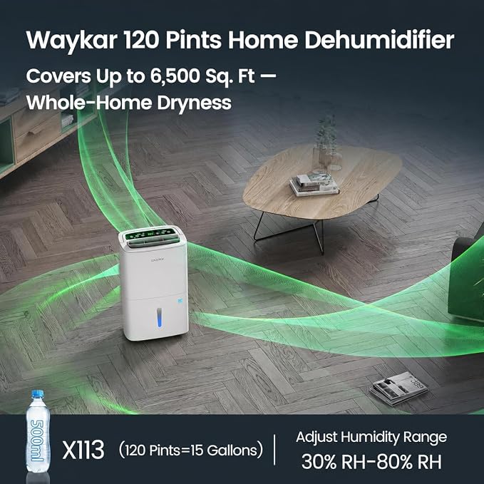 Waykar 6,500 Sq. Ft. 120 Pints 2025 Energy Star Dehumidifier for Home and Basement with Auto or Manual Drainage, Portable, Auto Defrost and Self-Drying, Ideal for Large Rooms