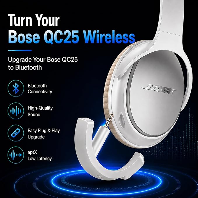 Upgraded aptX Wireless Bluetooth Adapter for Bose QuietComfort QC 25 with Mic/Volume Control, White