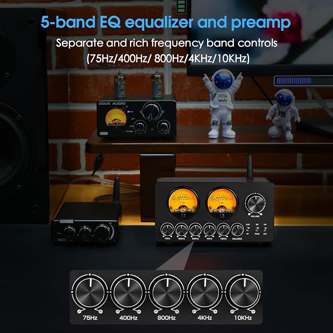 Douk Audio 5 Band Equalizer Bluetooth EQ Preamp for Home Stereo/Computer Speaker/Amplifier with VU Meter (EQ5 Tone Upgraded Version)