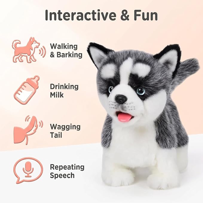 CU-MATE Electronic Walking Dog Toy, Interactive Plush Siberian Husky Puppy, Realistic Interactive Pet Toy Dog, Walking, Barking, Wagging Tail & Talking, Present Gifts for 3+ Year
