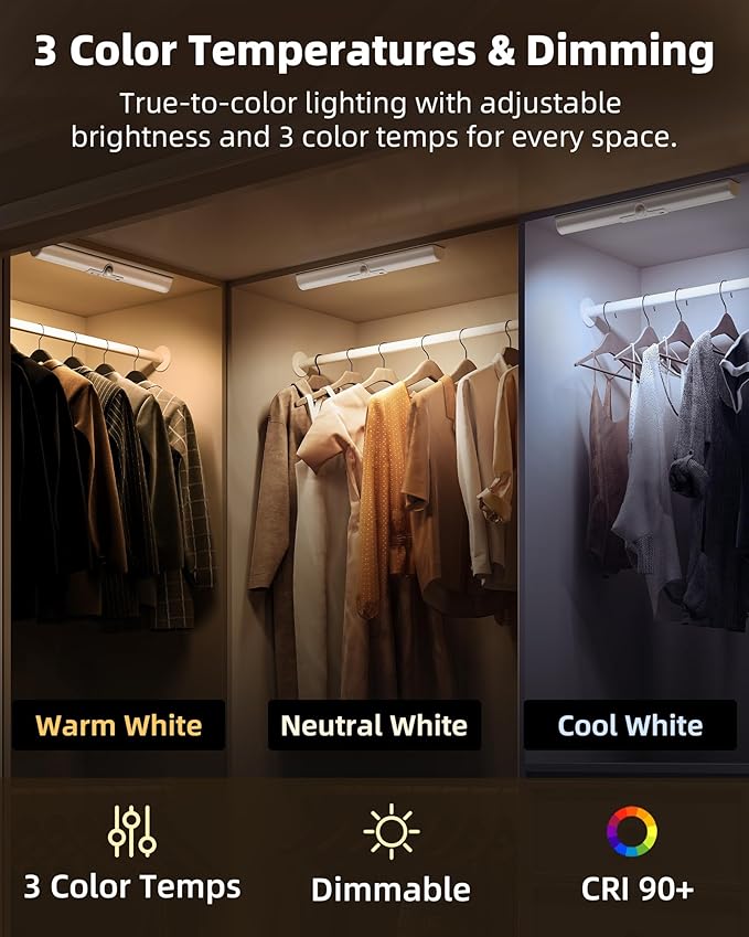 EZVALO 15-inch Motion Sensor Closet Lights, 3 Pack Rechargeable Cabinet Lights with Adjustable Sensor, Glare-Free, 3 Color Temps & Dimmable, Magnetic Motion Light Indoor for Pantry, Stairs