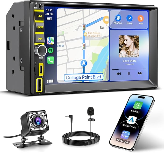 7" Wireless Double Din Car Stereo Carplay Radio Screen for Car Audio Receivers, Car Stereo with Backup Camera, Car Play Android Auto Touchscreen, Mirror Link, Bluetooth, AM/FM, Type-C