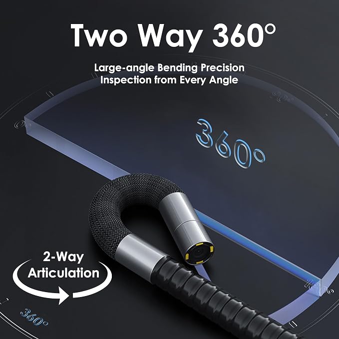 Two-Way Articulating Borescope Camera with Light,360°Rotation,1920P, 6.2 mm Industrial Endoscope IP67 Waterproof Flexible Semi-Rigid Cable for Automotive, Pipe Inspection