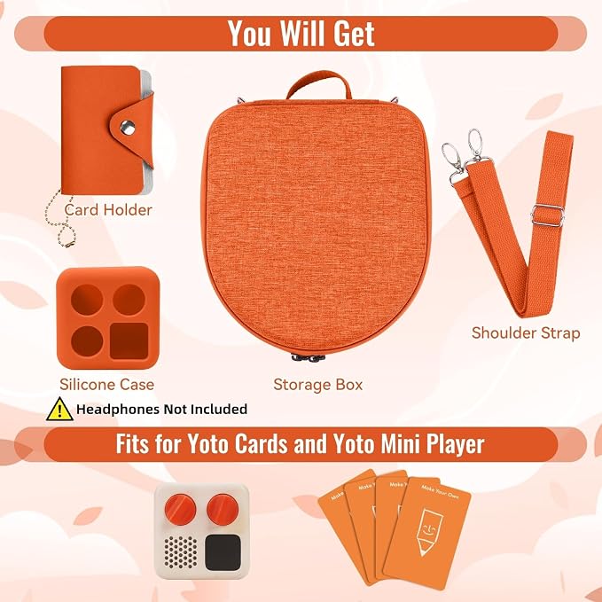 Hard Case Compatible with Yoto Mini (2024 Edition), 3-in-1 Travel Bundle: Silicone Cover + Case with Shoulder Strap (Fits Mini Player & Headphones) + Up to 10 Card Holder for YOTO Cards (Orange)