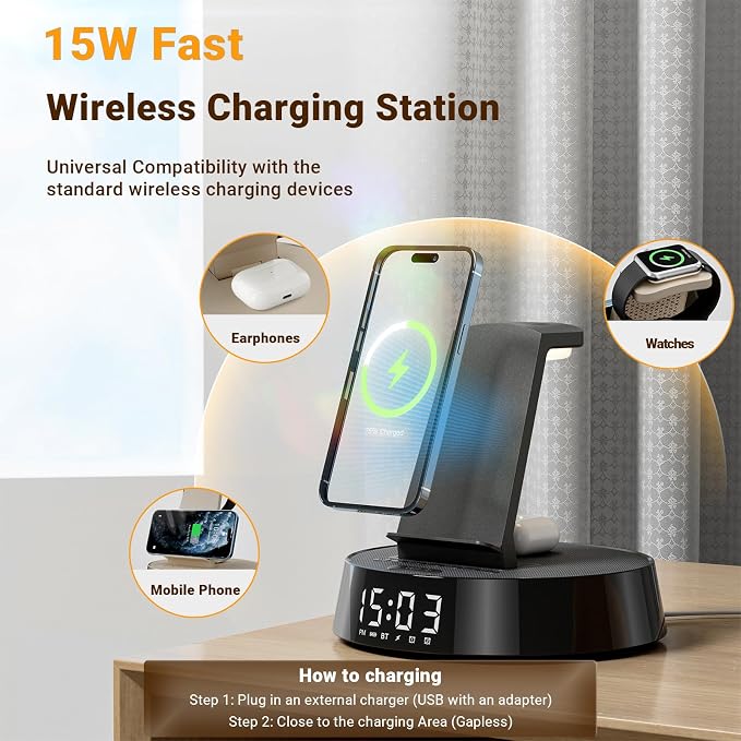 Alarm Clock with Wireless Charging Station, Clock for Bedroom with Night Light Bluetooth Speaker, Wireless Charger Dock Station for iPhone 17 16 15 14 13 12 Pro Max, Apple Watch 11, AirPods 3 (Black)