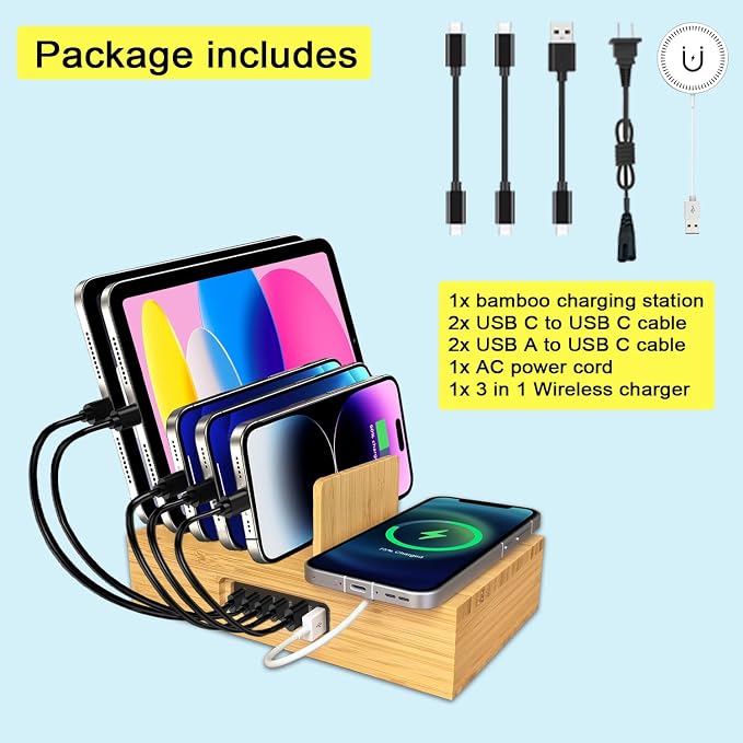 PD 100W Charging Station for Multiple Devices,6 Port USB Bamboo Charging Station Organzier with Detachable 15W 3 in 1 Wireless Charger Station for iPhone Android Apple Watch AirPod Tablet