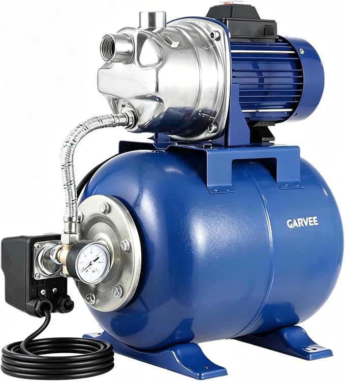 Garvee 1.6 HP Shallow Well Pump with Pressure Tank, 1320 GPH, Water Jet Irrigation Pump, Automatic Pressure Switch, Stainless Steel, for Home, Farm, Garden & Yard, Blue