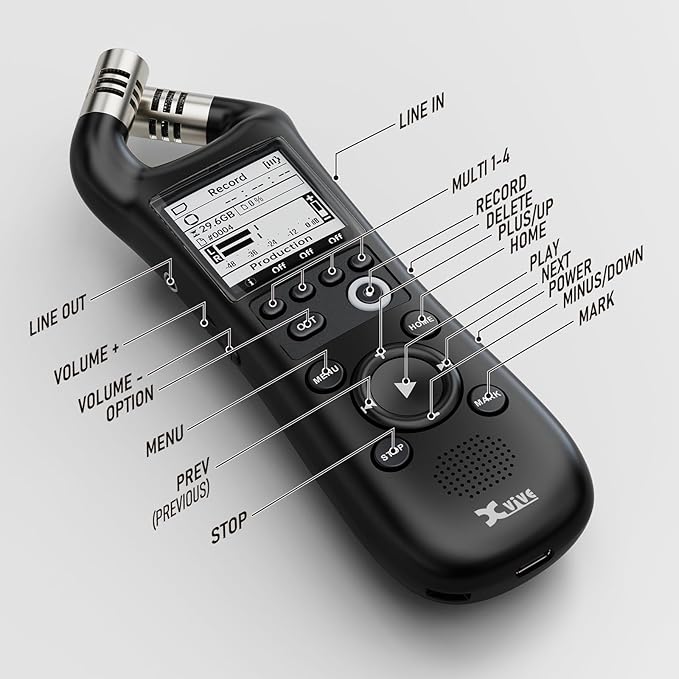 Xvive XV1-R Portable Stereo Audio Recorder with 32-Bit Float, X/Y Microphones, WAV/AAC Format, USB Microphone, Auto Record, for Musicians, Podcasters, Filmmakers