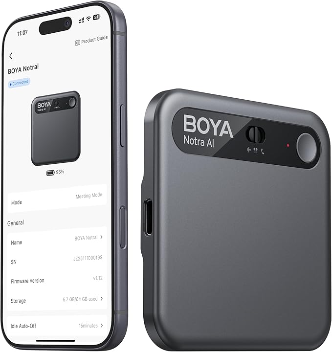 BOYA AI Voice Recorder, App Control, Transcribe & Summarize with AI Technology, 64GB Memory, Audio Recorder for Lectures, Meetings, Calls, Black