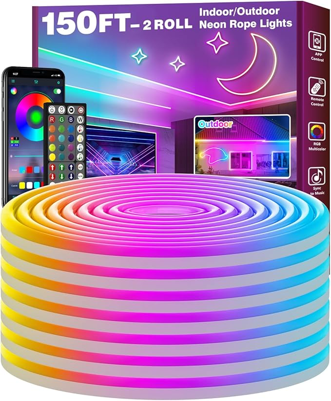FBZ 150Ft Led Rope Lights, Flexible Neon Lights Control with App/Remote, Multiple Modes, IP65 Outdoor RGB Waterproof, Music Sync Gaming Light Strip for Bedroom Decor