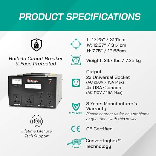 LiteFuze 5000 Watt Voltage Transformer Converter with Builtin Regulator - Step Up/Down - 110V/220V - Circuit Breaker Protection [5-Years Warranty]