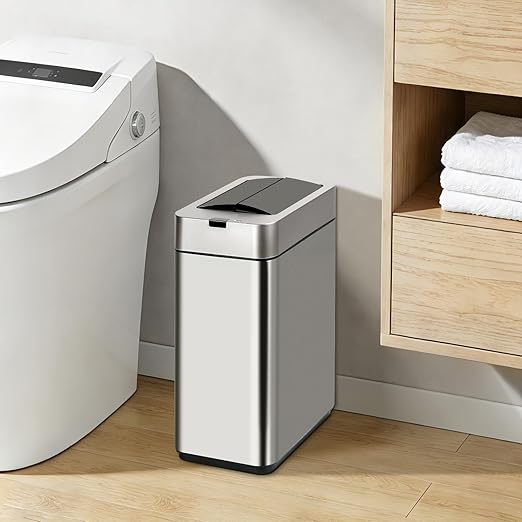SYNCVIBE Sensor Trash Can with Butterfly Lid 2.6 Gallon Rectangular Automatic Garbage Can, Stainless Steel Trash Bin, Slim Waterproof Wastebaskets with Lid Soft Close for Under Counter, Silver
