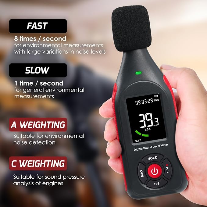 Decibel Meter Data Logger, Digital Sound Level Meter with Recording, dB Meter 30~130dB, 31,000 Data, 3Color Light Alarm, USB Rechargeable SPL Meter for Home, Classroom, Office, Neighbor, Industrial