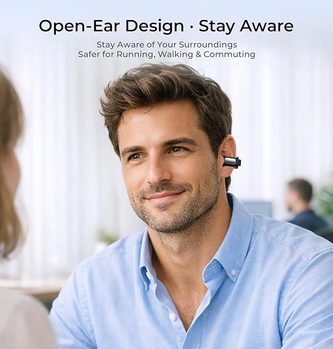 LC-dolida Open-Ear Wireless Earbuds with Smart LED Display Case, Clip On Earbuds All-Day Comfort & Situational Awareness, Case Control for Volume, EQ, Music, Find My Earbuds & Camera, Timer (Black)