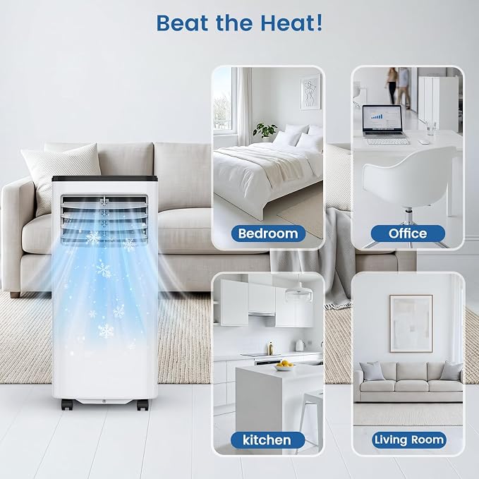 Electactic 8000 BTU Portable AC, 3-in-1 Air Conditioner with Dehumidifier & Cooling Fan, Remote Control, LED Display, Sleep Mode, Quiet, 24H Timer, 360° Casters & Window Kit, for Room Office Apartment