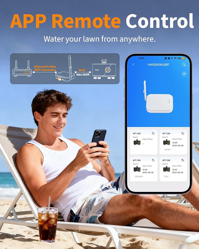 Diivoo WiFi Water Timer for Garden Hose, 4 Zone Smart Sprinkler Timer with Brass Inlet, Ethernet & 2.4GHz WiFi Connection, Compatible with Alexa/Google, 24 Irrigation Plans & Rain Delay Mode for Lawns