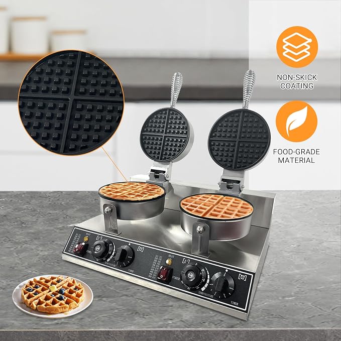 Double Head Commercial Waffle Maker, 2400W Stainless Steel Nonstick Waffle Iron with 122℉ to 572℉ Temp Range & Time Control, Perfect for Home Cafe Restaurant Snack Bar Bakeries