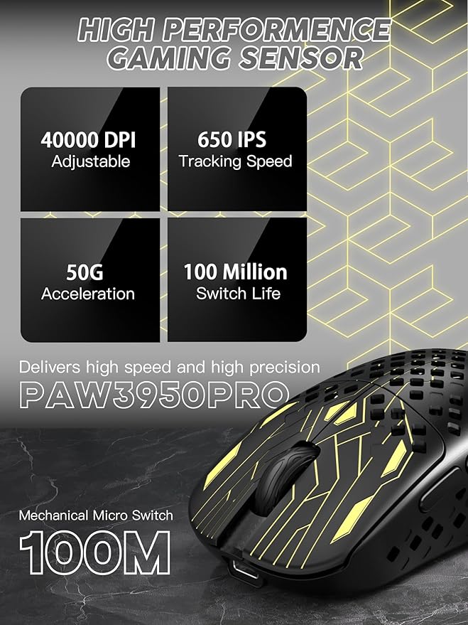 MAMBASNAKE M2 Carbon Fiber Wireless Gaming Mouse, PAW3395PRO 40K DPI, 1K Polling Rate 41g Ultralight Tri-Mode Ergonomic PC Mice, Cloud Driver AI Driver for PC/Mac/Win,Black
