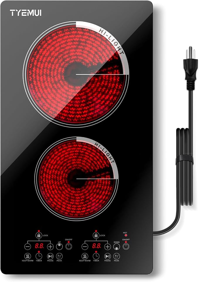 Double Burner Electric Cooktop Plug in 2000W, 110V~120V Countertop Stove, Electric Stove 2 Burner for Cooking, 110 volt Kitchen Stove 12inch Built-in Countertop with Timer, Peak, Pause