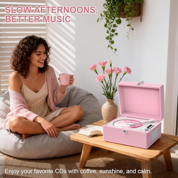 CD Player Portable Bluetooth, Pink CD Player Leather for Home Music Player, Rechargeable Battery & Built-in Speakers, USB & AUX Playback, Vintage CD Stereo for Home Decor Gift(Light Pink)