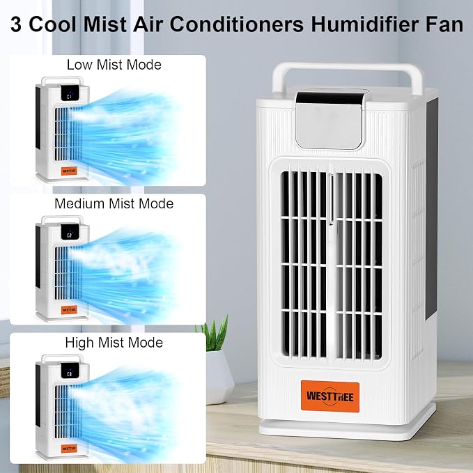WESTTREE 14inch Portable air conditioners Misting Fan,120°Oscillating mini Air Conditioner,Desk air 3 Level Humidify 4 Speeds, 7 RGB Color Night Lights Desktop Portable Air Conditioners for Bedroom