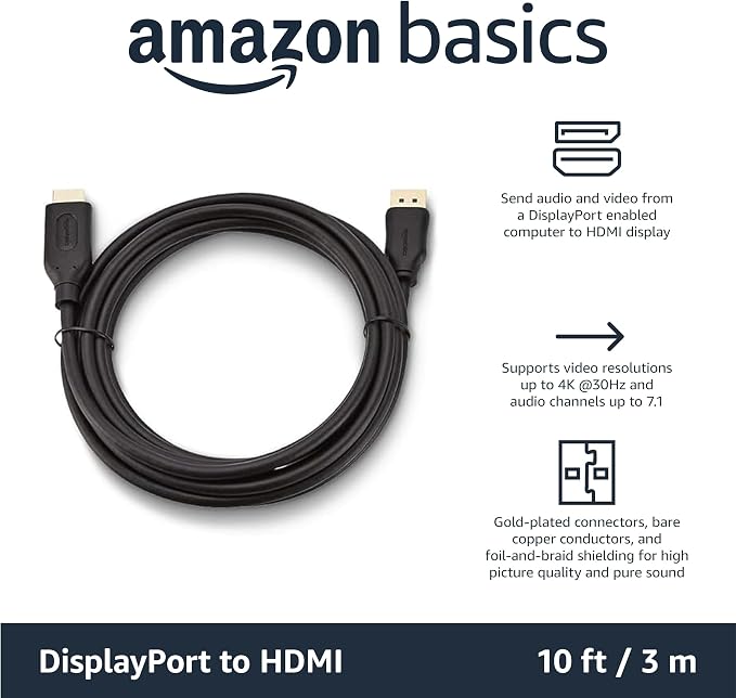 Amazon Basics DisplayPort to HDMI Display Cable, Uni-Directional, 4K@30Hz, 1080P Full HD, 1920x1200, Gold-Plated Plugs, Durable & Flexible, 10 Foot, Black, 5-Pack