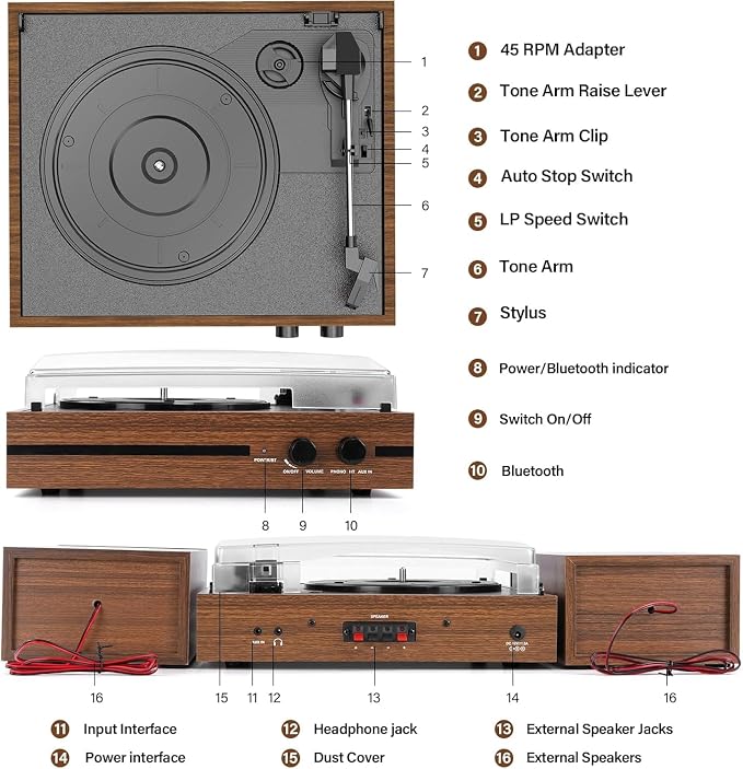 Vinyl Record Player with Dual Stereo Bookshelf Speakers Vintage Belt Drive Bluetooth Turntable with External Speakers,Convert Vinyl to MP3,LP Players AUX Headphone Input RCA Out