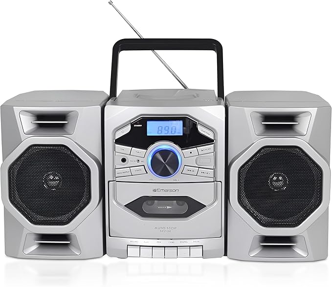 Emerson Portable CD Player Boombox with Cassette Player, Tape Recorder, AM/FM Radio, MP3 AUX Input, Detachable Speakers, AC/DC & Battery Operated – Stereo System for Home, Travel, Indoor & Outdoor Use