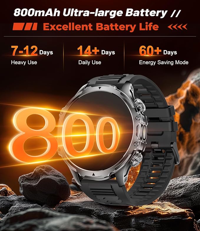 SUNKTA Military Smart Watch for Men Answer/Make Call, 1.85'' HD Rugged Smartwatch with 800mAh Battery/Flashlight/Heart Rate/110+ Sports Mode, IP68 Waterproof Fitness Tracker Watch for Android iPhone