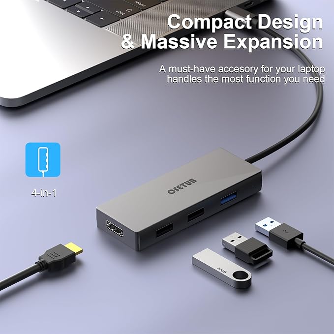 USB C Hub, 4 in 1 USB C to HDMI Multiport Adapter, with 4K HDMI, USB 3.0/2 2.0 Port Compatible with MacBook Pro/MacBook Air M1 2020 and More Type C Devices