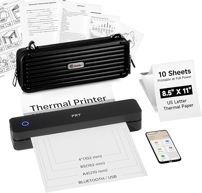 PRT Portable Printer Wireless for Travel, Thermal Inkless Printer for Home Use, Come with Carry Case& 10 Sheets Thermal Paper, Support 8.5x11 US Letter&A4 Thermal Paper, Compatible with Phone Laptop
