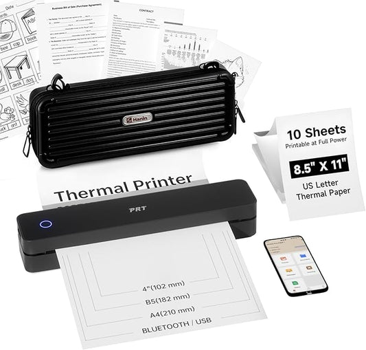 PRT Portable Printer Wireless for Travel, Thermal Inkless Printer for Home Use, Come with Carry Case& 10 Sheets Thermal Paper, Support 8.5x11 US Letter&A4 Thermal Paper, Compatible with Phone Laptop