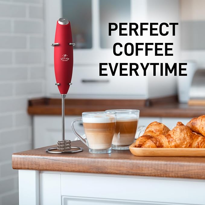 Zulay Kitchen Powerful Milk Frother Wand With Duracell Batteries - Ultra Fast Handheld Drink Mixer - Electric Whisk Foam Maker for Coffee, Lattes, Cappuccino & Matcha - Triple Whisk - Maroon Red
