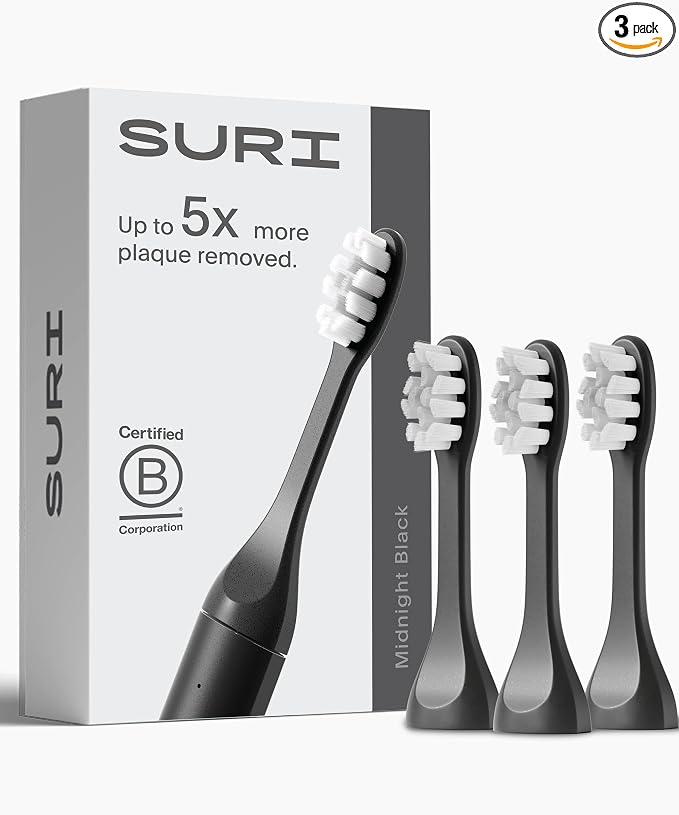 SURI Recyclable Plant-Based, Electric Toothbrush Heads - Long Lasting Replacement Heads | Compatible Only Sonic Electric Toothbrush - Midnight Black, Pack of 3
