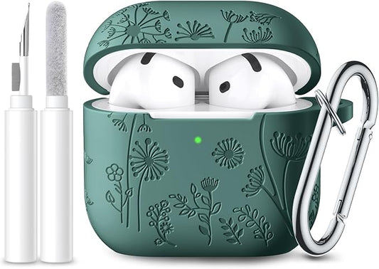 Lerobo for Airpods 4 Case Cover with Cleaner Kit, Cute Flower Engraved Silicone Protective Shockproof Case Cover with Keychain Compatible with Apple Airpods 4 Case 2024, Pine Green