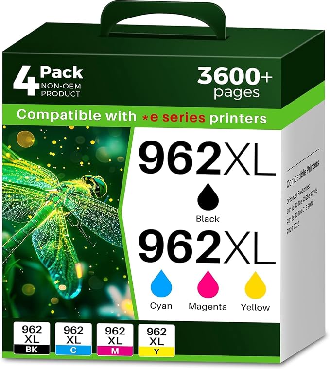 Q-image 962XL 9015e 9018e 962 Ink Cartridges Replacement for HP 962XL Ink Cartridges Combo Pack Work with OfficeJet Pro 9015e 9010 9018e 9025e 9015 9018 9012e (Black, Cyan, Magenta, Yellow, Pack of 4)