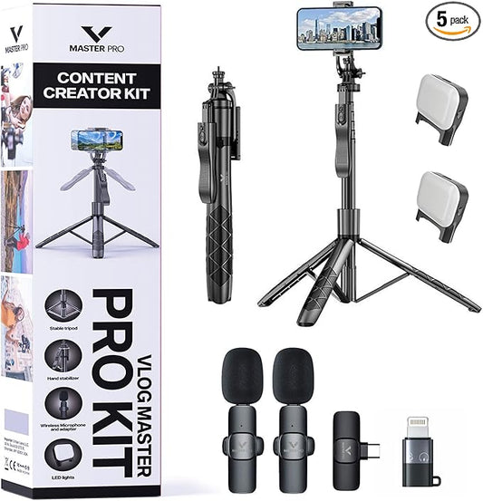 Vlogging Kit for iPhone, YouTube TikTok Podcast Video Recording Starter Kit for Content Creators, Equipment: Full Size Tripod, Phone Stabilizer, Shotgun Microphones & LED Lights