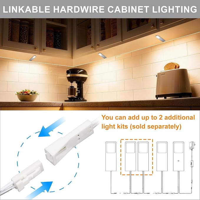 Under Counter Lights for Kitchen, Plug in Linkable LED Dimmable Hard Wired Under Cabinet Lighting for Kitchen Counter Closet, 3000K/4000K/5000K, 0.28 inch Ultra Thin, 3-in-1, Silvery, ETL