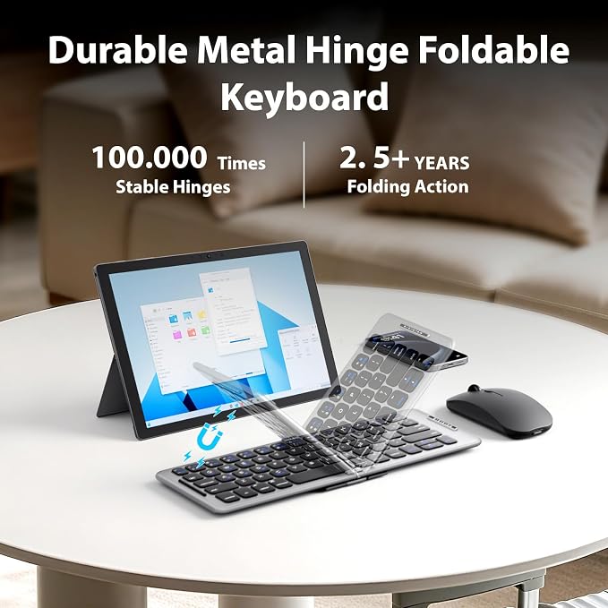 Folding & Foldable Bluetooth with Wireless Keyboard and Mouse Combo for Business Travel, 2.4G Wireless + Bluetooth 5.1, USB-C Rechargeable Portable Combo for Mac,Phones,Laptop,iPad,Tablet