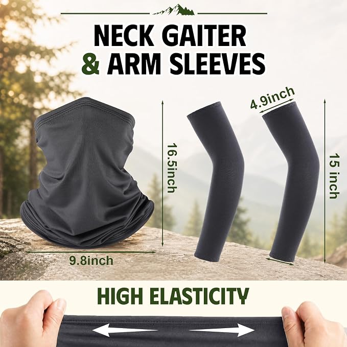 Syhood Solar Powered Fan Hat Neck Gaiter Arm Sleeves Sun Bucket Hat with Fan Cooling Wide Brim Hats for Fishing Hiking