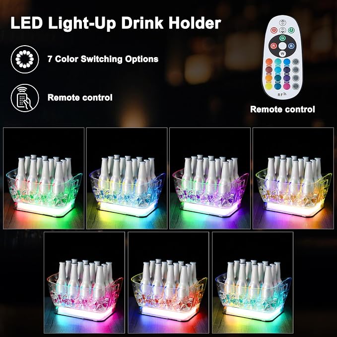 WILON LED Ice Bucket for Parties Large Capacity | Bar Party Acrylic Cooler with Remote & Colorful Lights for Beer Wine, Portable Tub for Indoor & Outdoor, Home Essential