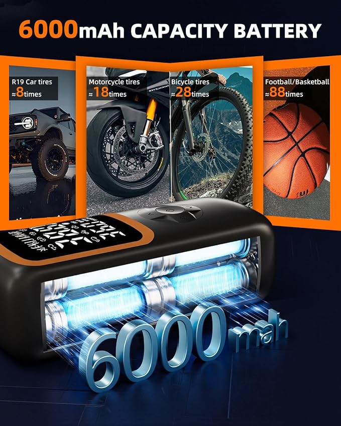 Tire Inflator Portable Air Compressor - 6000 mah & 150 Psi Air Pump for Car Tires with Pressure Gauge & Led Light, Faster Inflation Mini Compressor for Car, Bicycles, Motorcycle
