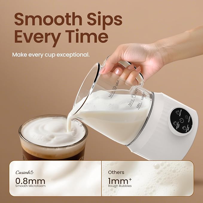 Casimhu 4-in-1 Milk Frother, Electric Milk Frother and Steamer with LED Touch Screen, Ceramic Lining Bottom, Milk Warmer 13.52oz for Lattes, Cappuccinos, and Macchiatos at Home (Cream White)