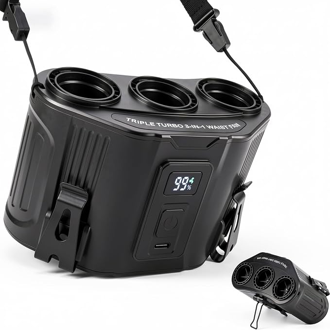 Portable Personal Fan: 3-Motor Hands-Free Waist Fan with 12,000mAh Battery & 5-Speed Airflow – Powerful Cooling for Construction Sites, Camping, Hiking & Travel-Belt Fan-Black