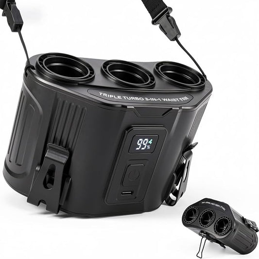 Portable Personal Fan: 3-Motor Hands-Free Waist Fan with 12,000mAh Battery & 5-Speed Airflow – Powerful Cooling for Construction Sites, Camping, Hiking & Travel-Belt Fan-Black